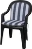 A black plastic chair with a striped cushion. Produktbild-Vorschau