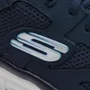 A close-up view of the side of a navy blue sneaker, showing the Skechers 'S' logo. Voir les images du produit