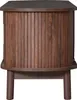 A side view of a brown wooden TV cabinet with a slatted front and four legs. Produktbild-Vorschau