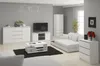 A modern living room scene with white furniture, including a dresser, TV stand, coffee table, and sofa. Produktbild-Vorschau