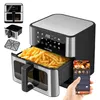 A collage of an air fryer with fries, its basket, and a grid, along with a hand holding a smartphone displaying cooking options. Podgląd zdjęcia produktu