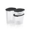 Three clear plastic food storage containers with black lids are arranged on a white background. Produktbild-Vorschau