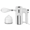 A white hand mixer with a whisk attachment sits next to a glass container filled with whipped cream. The mixer has a silver accent and a logo on its body. Anteprima dell’immagine prodotto