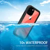 An iPhone 11 Pro Max in a waterproof case is partially submerged in water, with text indicating its waterproof capabilities. Produktbild-Vorschau