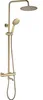 A gold shower set with a rain shower head and a handheld shower head, mounted on a vertical pole with a thermostat control. Anteprima dell’immagine prodotto
