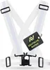 A white reflective safety vest with black buckles and a black tag with green text and logo. Produktbild-Vorschau