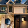 A collage showing a modern house exterior with a garage and entrance, and close-ups of a black LED outdoor wall light. Podgląd zdjęcia produktu