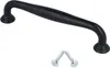 A black cabinet handle and two screws on a white background. Produktbild-Vorschau