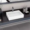 A modern bathroom sink setup with a white basin, chrome faucet, and various bathroom accessories. Produktbild-Vorschau