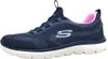 A side view of a navy blue Skechers sneaker with pink accents. Náhled obrázku produktu