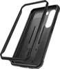 A black phone case is shown from a diagonal angle against a white background. The case is disassembled into two parts: the main body and a protective frame. Produktbild-Vorschau