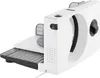 A white electric slicer is shown from a diagonal front view against a white background. Voir les images du produit