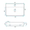 A technical drawing with dimensions of a rectangular white Aufsatzwaschbecken (countertop washbasin) from different angles. Produktbild-Vorschau