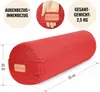A red yoga bolster with measurement indicators and informational text bubbles. Náhľad obrázku produktu
