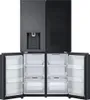 A black LG multi-door refrigerator with its doors open, showing the interior shelves and drawers. The top section has a water and ice dispenser on the left door and a glass panel on the right door. Produktbild-Vorschau