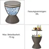 A collage of images showing a rattan-style cooler table with ice and bottles, and text detailing its capacity and load-bearing capacity. Produktbild-Vorschau