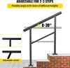 A black metal handrail is shown installed on outdoor steps, with text indicating its adjustability. Podgląd zdjęcia produktu