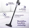 A cordless vacuum cleaner is shown with various features highlighted by text overlays. Produktbild-Vorschau