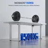 A white desk with a barbell loaded with weights on top, demonstrating its weight capacity. Large blue 3D numbers spelling "150KG" are placed in front of the desk legs. Náhled obrázku produktu