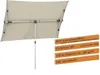 A rectangular umbrella shown from the underside, with a white pole. Text boxes with product features are to the right. Produktbild-Vorschau