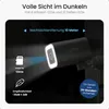 A security camera with its light on, in a dark environment, with feature callouts. Produktbild-Vorschau