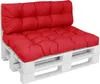 A red pallet cushion set on a white wooden pallet. Produktbild-Vorschau