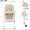 A high-angle shot of a beige and white Kinderkraft TUMMIE 2-in-1 high chair, with inset images highlighting features. Produktbild-Vorschau