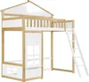 A white and wood loft bed designed like a house, shown against a white background. Voir les images du produit