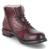 A single burgundy leather boot with a zipper and laces, lined with faux fur. Produktbild-Vorschau