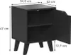 A black bedside table with its door open, showing dimensions. Podgląd zdjęcia produktu