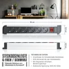 A product shot of a power strip with dimensions and technical specifications shown. Voir les images du produit