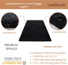 A black shaggy rug is shown with close-up views of its texture and features, along with descriptive text and certifications. Anteprima dell’immagine prodotto