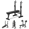 A collage of images showing a black weight bench in various configurations, including flat, inclined, and folded. One image also shows the bench with a barbell and weights. Náhled obrázku produktu