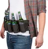 A person wearing a plaid shirt and jeans, with a belt holding six beer bottles. Produktbild-Vorschau