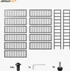 A collage displaying components of a modular shelving unit, including multiple rectangular shelf frames and two vertical support frames, along with hardware like screws and an Allen key. Náhľad obrázku produktu