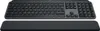 A black Logitech MX Keys S keyboard and wrist rest are shown against a white background. Produktbild-Vorschau