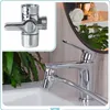 A split image showing a bidet attachment for a faucet in the top left and a faucet with the bidet attachment installed in a bathroom sink in the main part of the image. Náhľad obrázku produktu