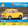 The image shows the packaging of a COBI Fiat 126p model kit. The packaging features a prominent image of the yellow toy car against a brick wall background. Text and logos are visible on the blue header and the bottom section of the packaging. Náhled obrázku produktu
