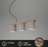 A pendant light fixture with three gray fabric shades and a wooden beam, suspended against a plain gray background. Produktbild-Vorschau
