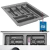 A gray cutlery organizer is shown from above, with a drawer containing cutlery and kitchen utensils below. Voir les images du produit