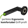 A black door handle is shown against a white background, with a green arrow highlighting its ergonomic shape and text describing its features. Produktbild-Vorschau