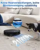 A robot vacuum cleaner is shown on a carpeted floor with a dog in the background, highlighting its suction power and anti-tangle technology. Produktbild-Vorschau