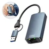 A hand holding a USB C to Ethernet adapter with a USB 3.0 connector. Produktbild-Vorschau
