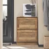 A narrow shoe cabinet with two flip-down drawers is placed next to a dark gray door. A gray coat is hanging on the wall to the right of the cabinet. A vase with dried branches sits on top of the cabinet. Voir les images du produit