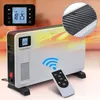 A Heidenfeld electric heater with a remote control and a close-up of its heating element. Produktbild-Vorschau