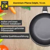 A frying pan is shown with descriptive text and vegetables in the background. Produktbild-Vorschau