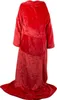 A red fleece blanket with sleeves, laid out flat with the bottom trailing on the floor. Náhled obrázku produktu