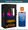 An electric fireplace with a smartphone displaying its control app and a Tuya logo. Produktbild-Vorschau