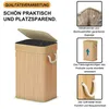 A bamboo laundry basket with its lid open, surrounded by marketing text and close-up images of its features. Produktbild-Vorschau