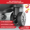 Close-up of luggage wheels with promotional text highlighting features. Produktbild-Vorschau